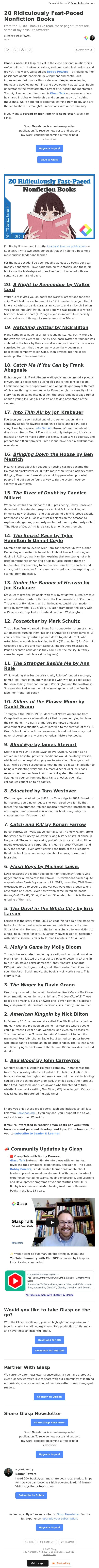 20 Ridiculously Fast-Paced Nonfiction Books email from Glasp screenshot