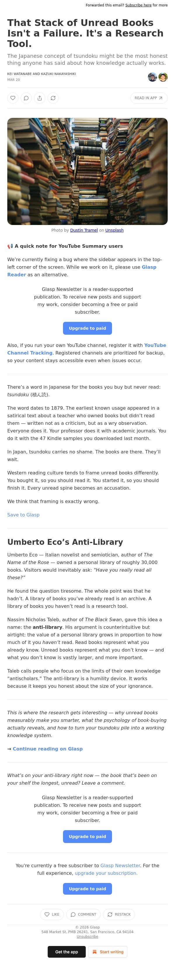 That Stack of Unread Books Isn't a Failure. It's a Research Tool. email from Glasp screenshot