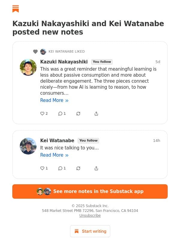 Kazuki Nakayashiki and Kei Watanabe posted new notes email from Glasp screenshot