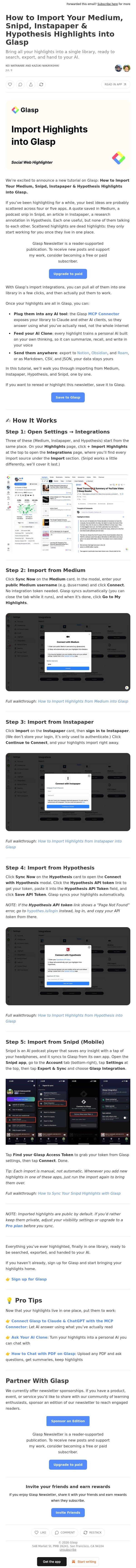 How to Import Your Medium, Snipd, Instapaper & Hypothesis Highlights into Glasp email from Glasp screenshot