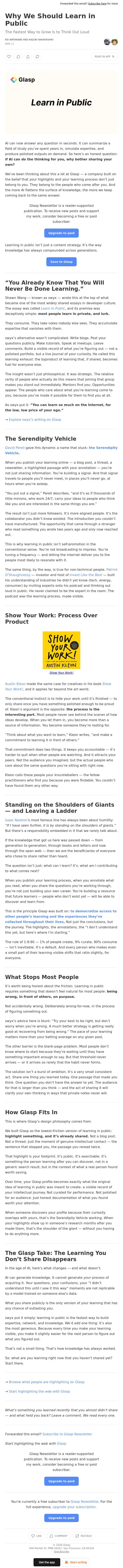Why We Should Learn in Public email from Glasp screenshot