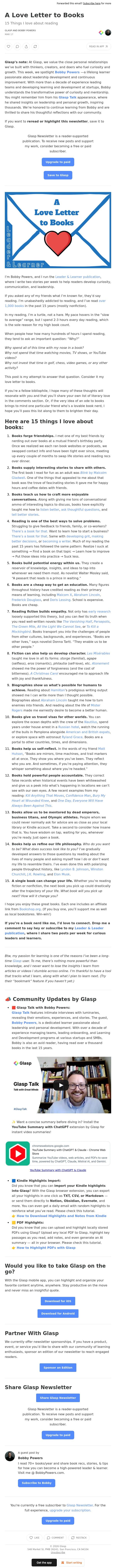 A Love Letter to Books email from Glasp screenshot