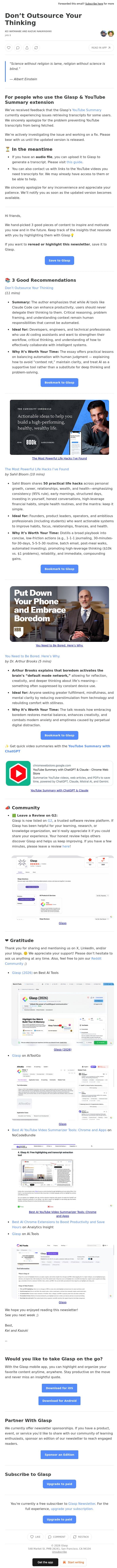 Don’t Outsource Your Thinking email from Glasp screenshot