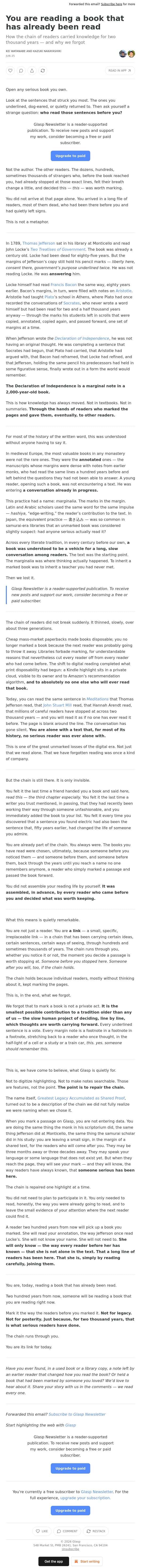 You are reading a book that has already been read email from Glasp screenshot