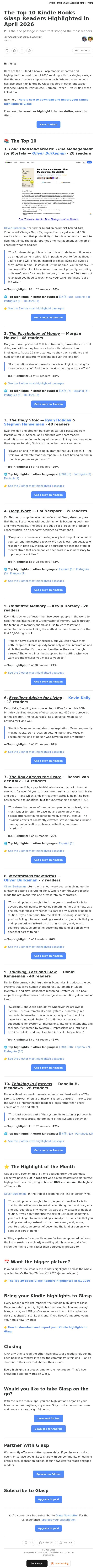 The Top 10 Kindle Books Glasp Readers Highlighted in April 2026 email from Glasp screenshot