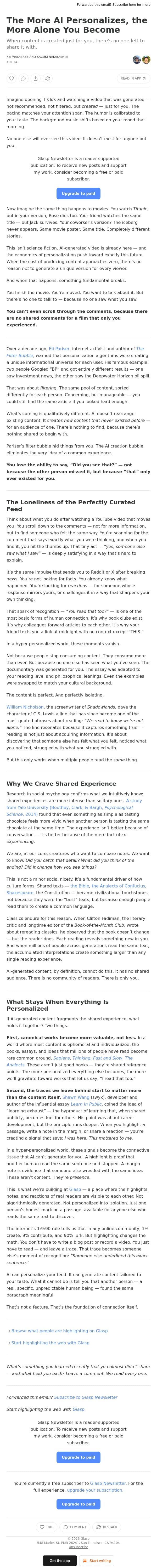 The More AI Personalizes, the More Alone You Become email from Glasp screenshot