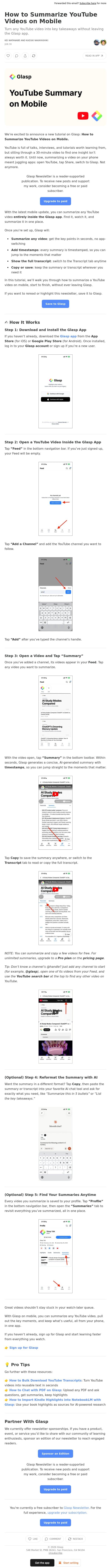 How to Summarize YouTube Videos on Mobile email from Glasp screenshot