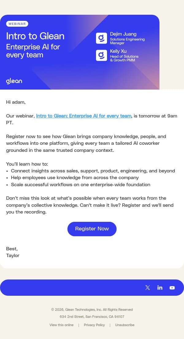 Tomorrow: See connected enterprise AI in action email from Glean.io screenshot