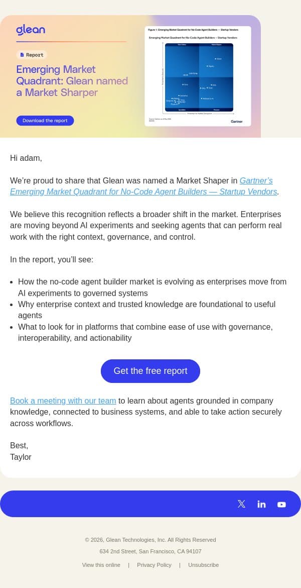 Glean named a Market Shaper in Gartner report email from Glean.io screenshot