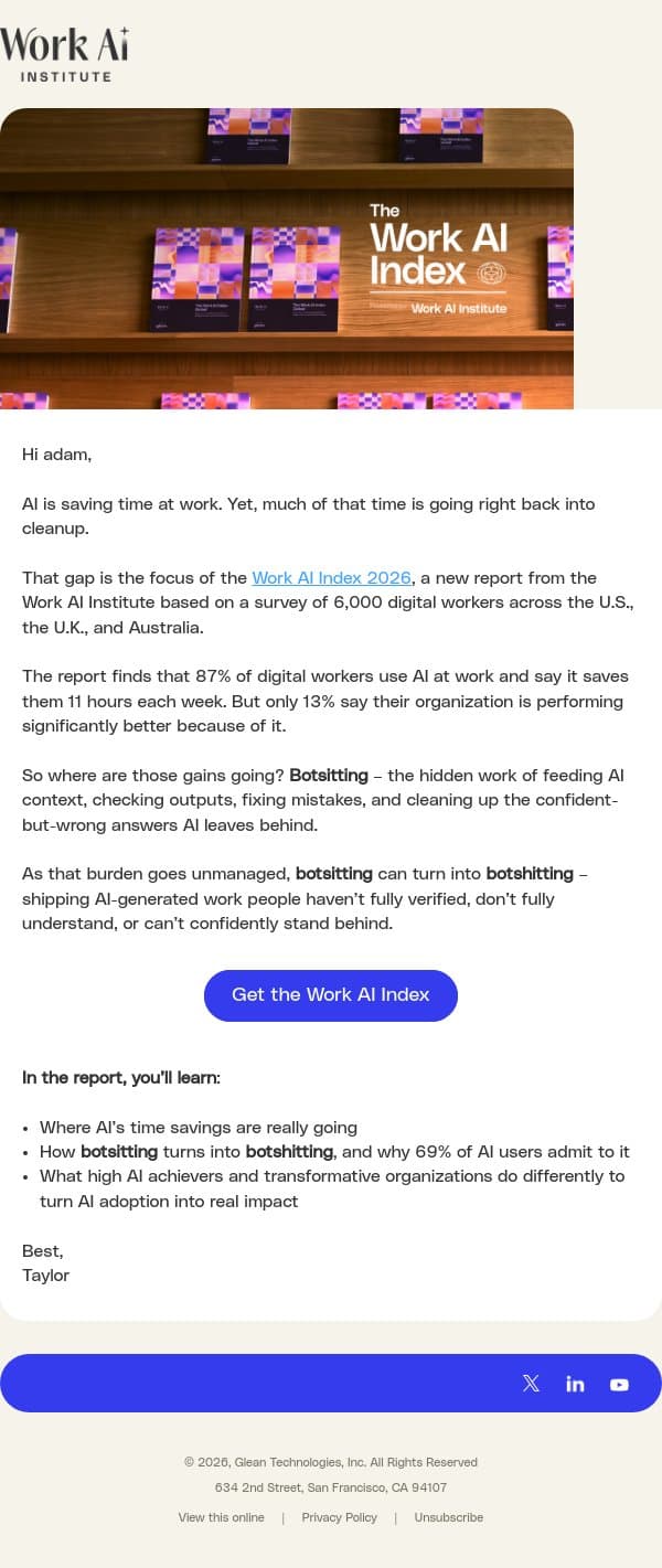 AI adoption is up. So is botshitting. email from Glean.io screenshot