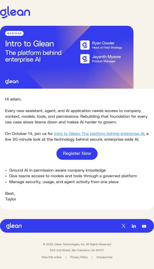 Webinar: Build enterprise AI on a foundation you can govern email from Glean.io screenshot