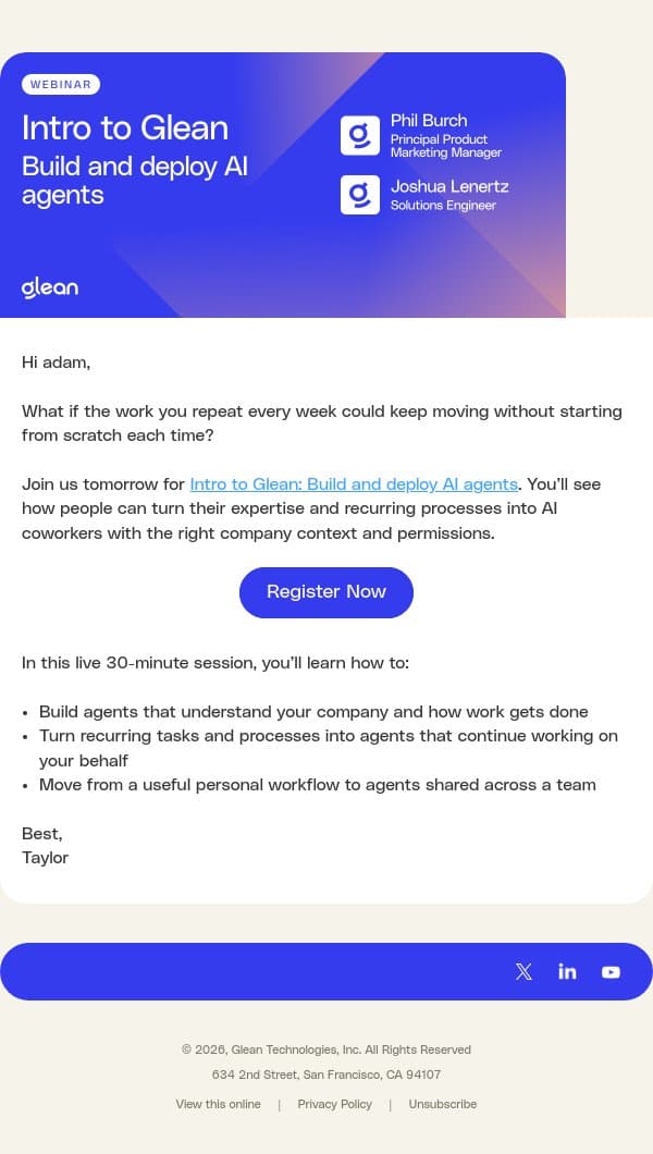 Webinar tomorrow: Turn recurring work into AI agents email from Glean.io screenshot