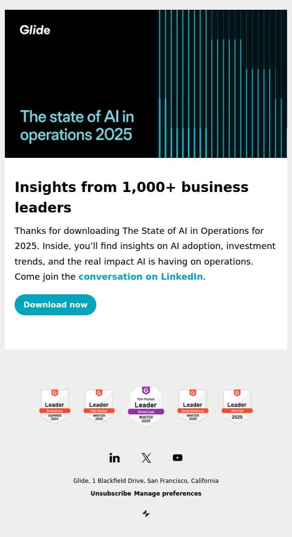 The state of AI in operations 2025 report is ready for you email from Glide screenshot
