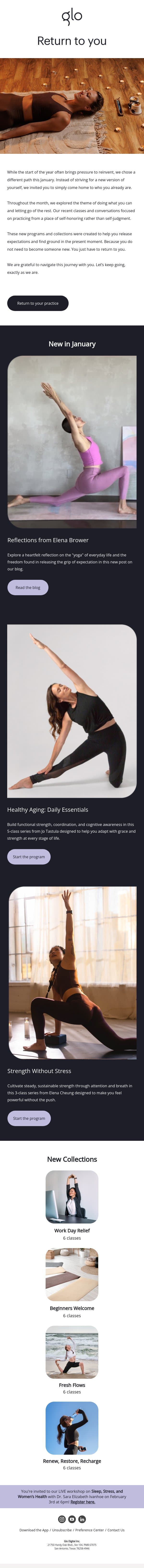 Your January recap: New programs and practices to return to you. email from glo (BAT) screenshot