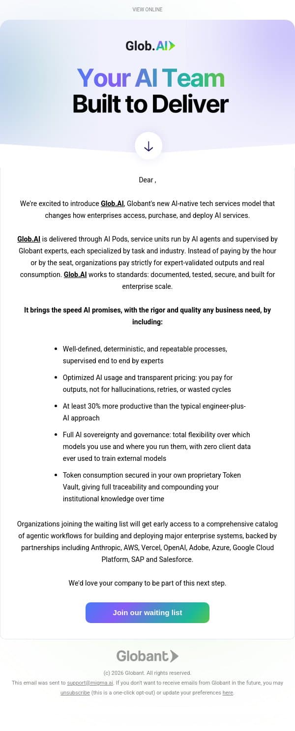 Introducing Glob.AI — a new way to access, purchase, and deploy AI services email from Globant screenshot