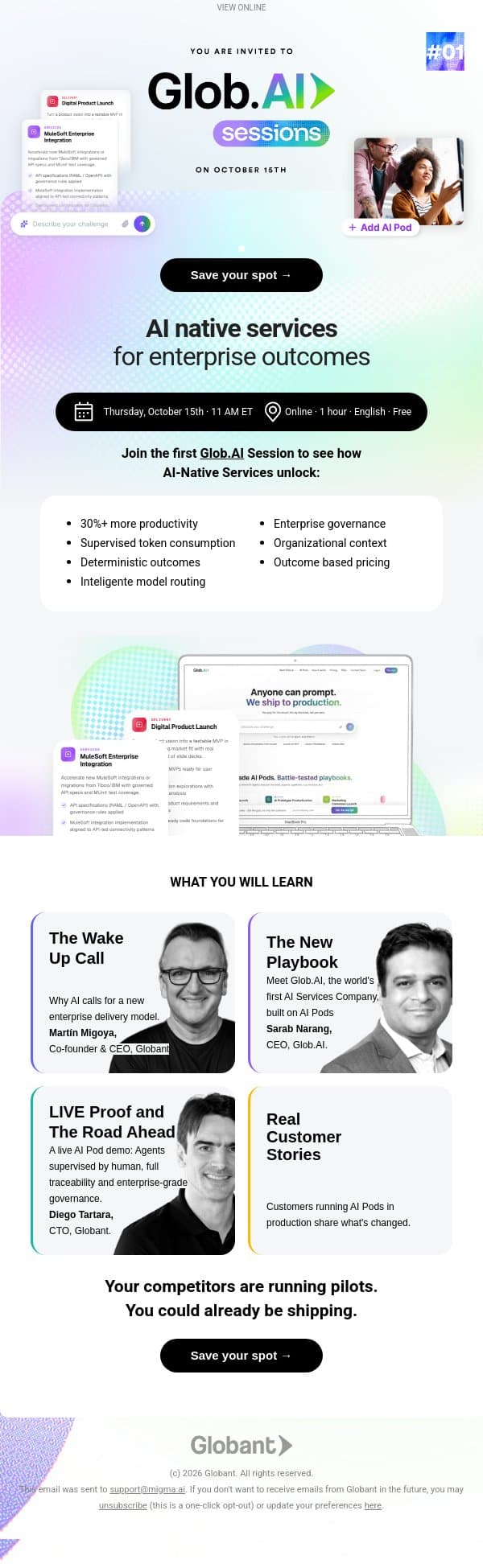 Save the Date: Glob.AI Sessions #01: From AI expectations to AI adoption email from Globant screenshot
