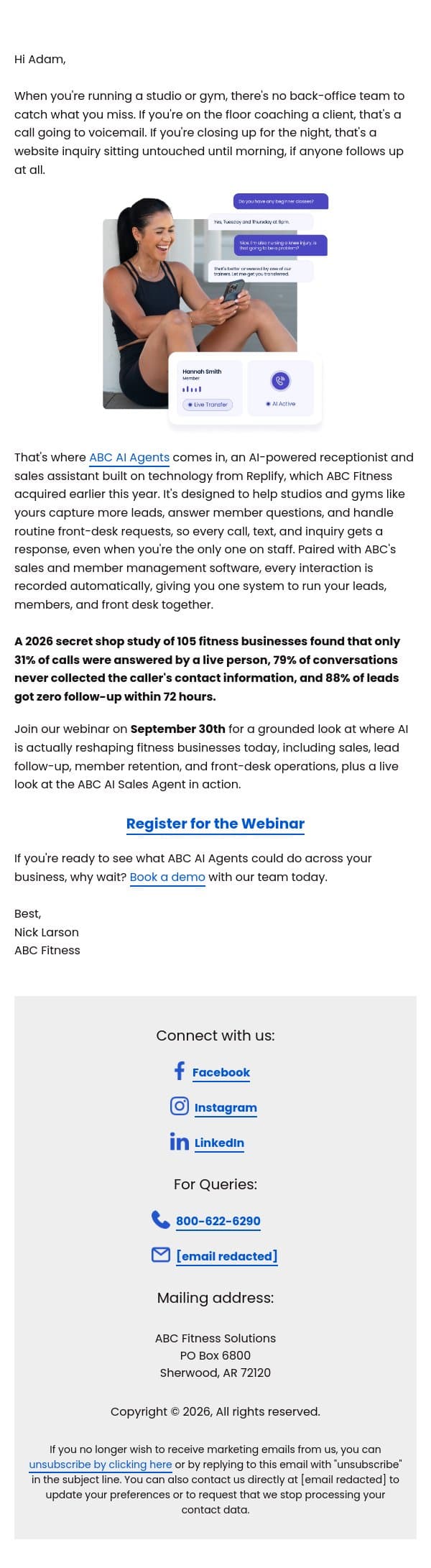 Meet the AI team member that never lets a lead go cold email from Glofox screenshot