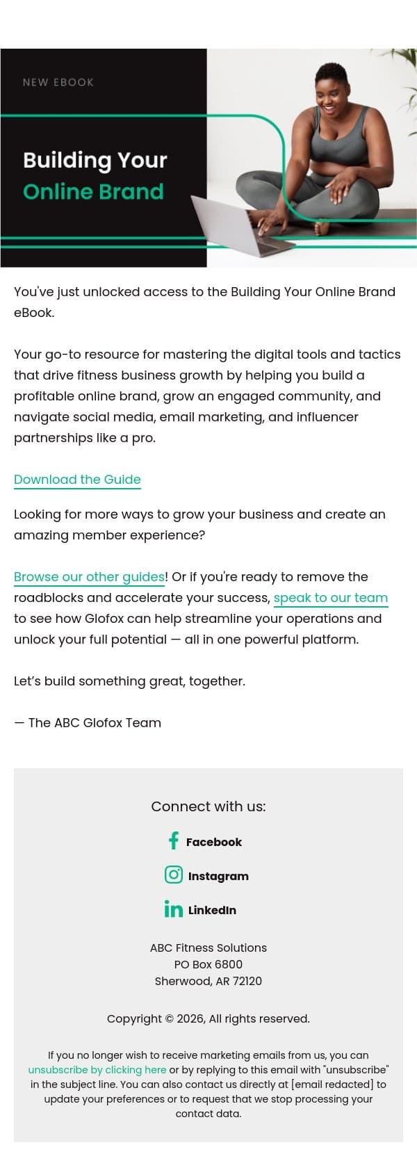 adam, your copy of the Building Your Online Brand eBook is now available! email from Glofox screenshot