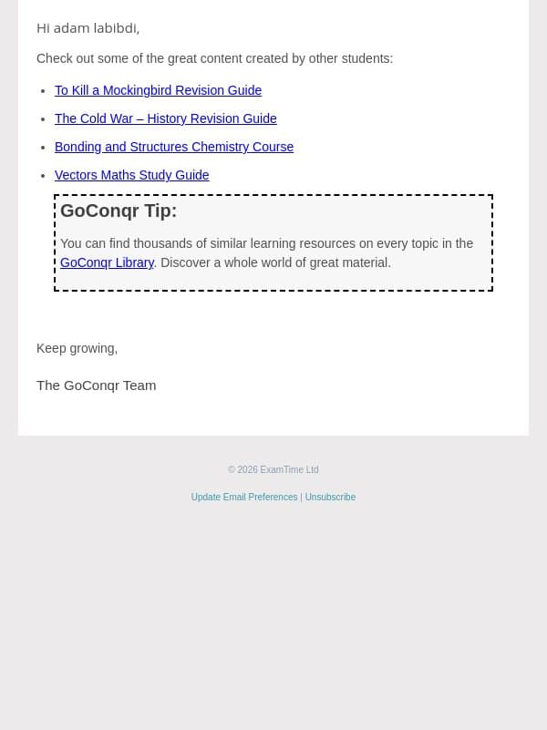 Let's get GoConqr working for you email from GoConqr screenshot