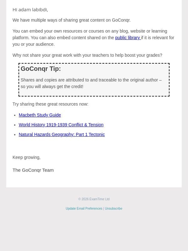 Make shared learning work for you email from GoConqr screenshot