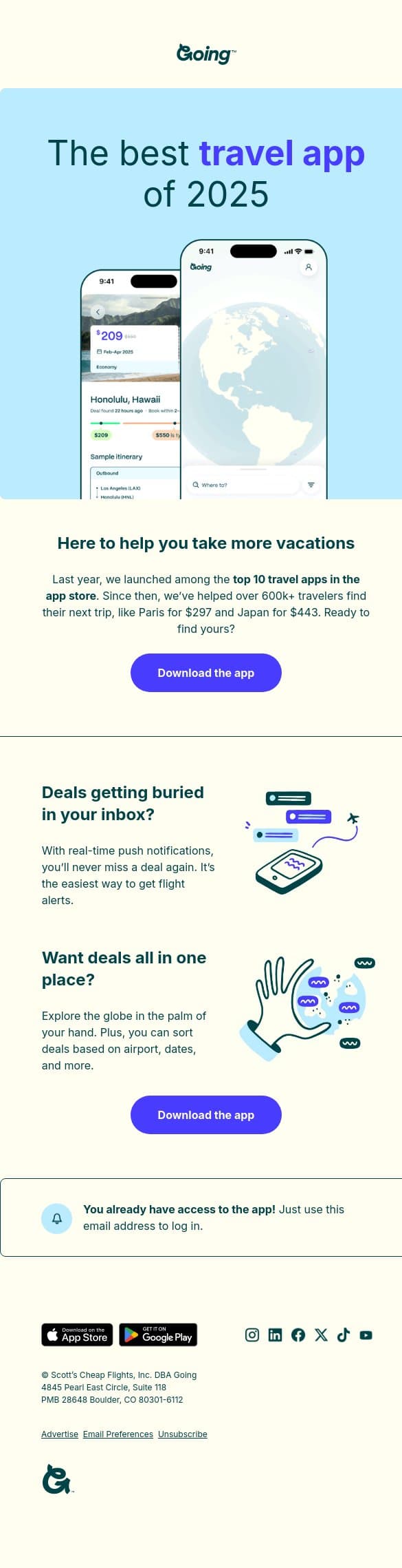 Your travel game-changer is here ✈️ email from Going screenshot