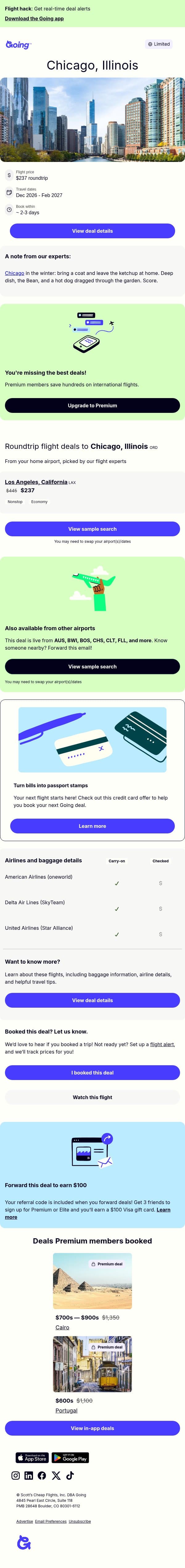 🌭 Chicago — $237 (Dec-Feb) email from Going screenshot