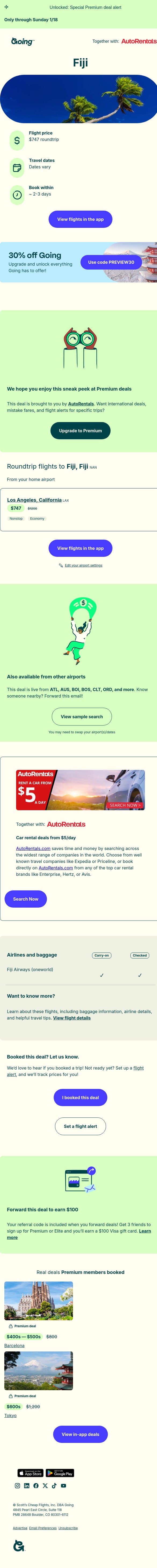 🤩🥥 Fiji — $747 (Jan-Jun / Aug-Nov) email from Going screenshot