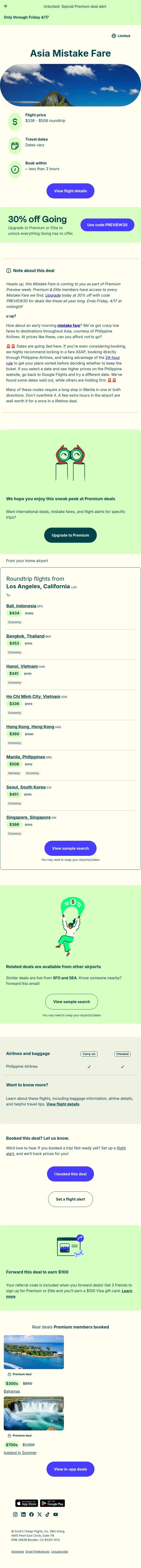 🤩👀 *mistake fare* All Over Asia — $336 to $508 (Aug-Nov / Feb-Mar) email from Going screenshot