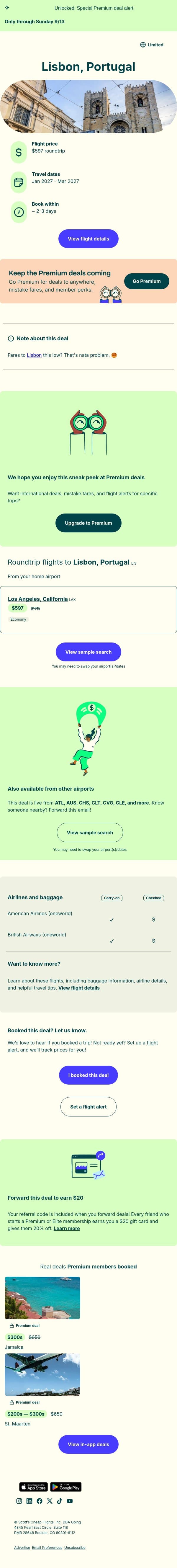 🤩 🇵🇹 Lisbon — $597 (Jan-Mar) email from Going screenshot