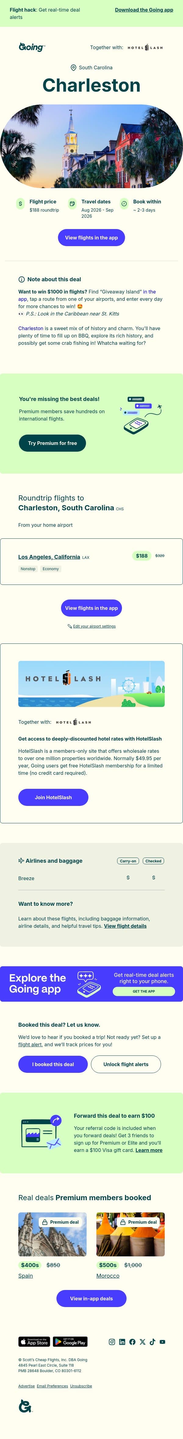🎡 Charleston — $188 (Aug-Sep) email from Going screenshot