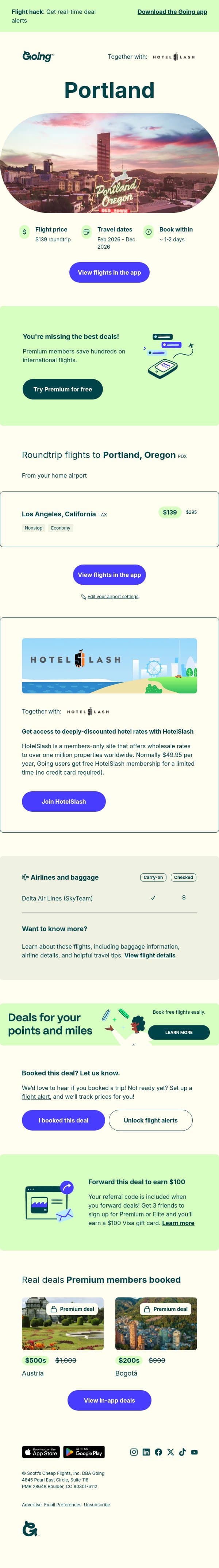 🌲 *nonstop* Portland, Oregon — $139 (Feb-Dec) email from Going screenshot
