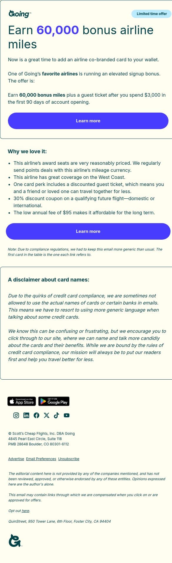 Fly with a friend: Earn 60,000 miles + guest ticket email from Going screenshot
