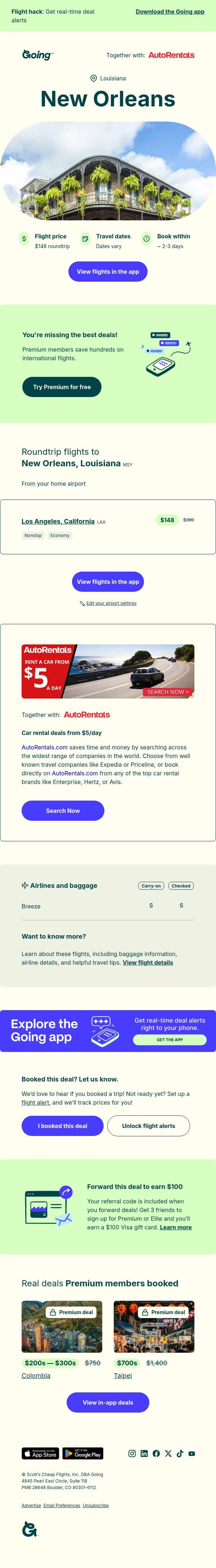 🎷 New Orleans — $148 (Feb-Mar / May / Aug-Sep) email from Going screenshot