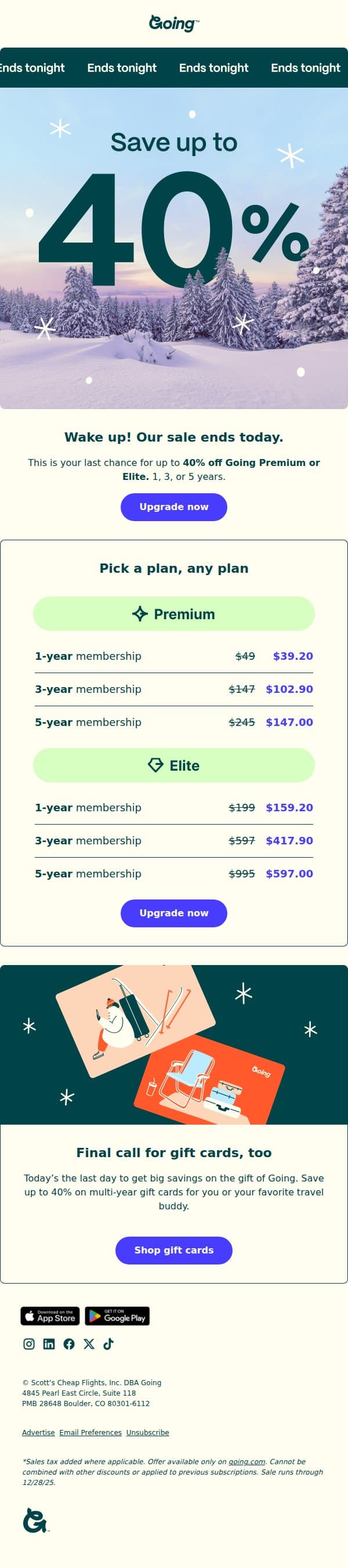 ❗Last chance to get up to 40% off Premium or Elite email from Going screenshot