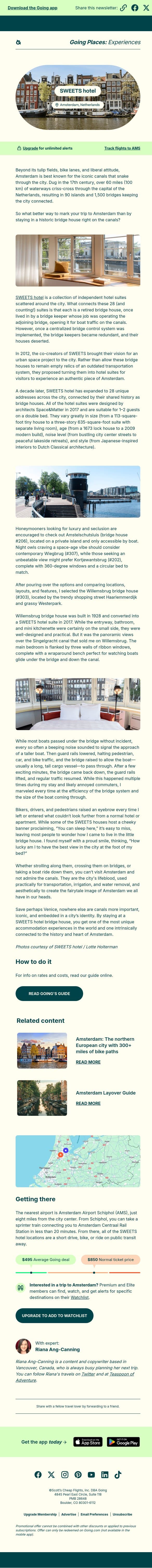 Sleep canalside in an iconic Amsterdam bridge house email from Going screenshot