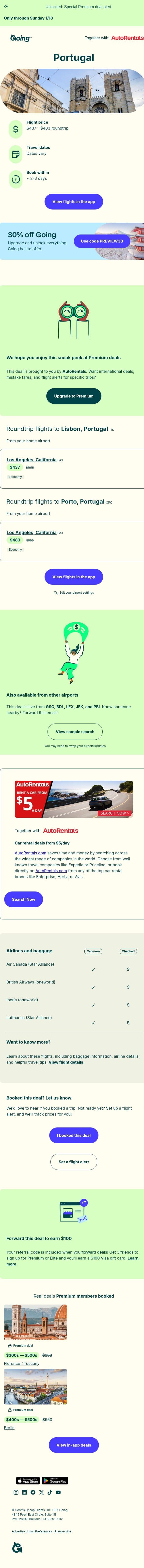🤩🐟 Portugal — $437 to $483 (Jan-Apr / Oct-Dec) email from Going screenshot