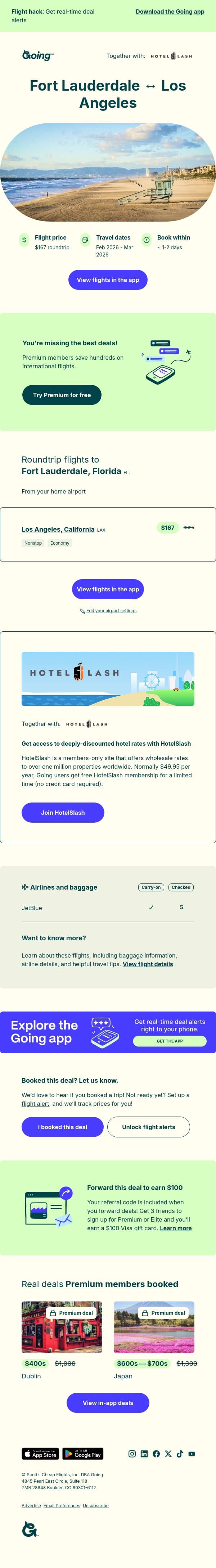 ☀️ *nonstop* Fort Lauderdale ↔️ Los Angeles — $167 (Feb-Mar) email from Going screenshot
