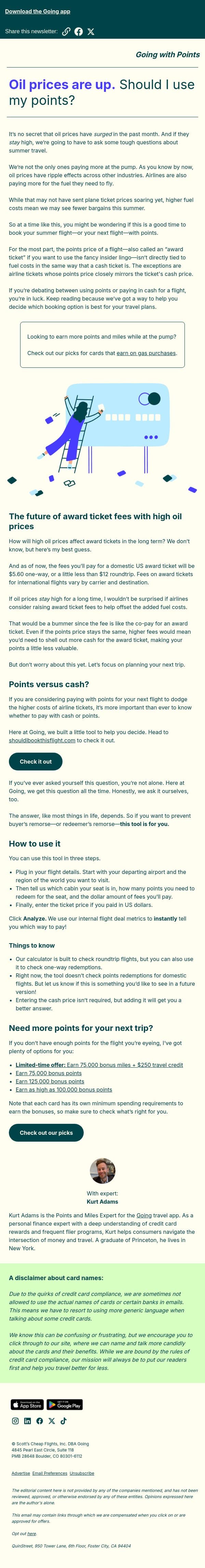 Oil prices are up. Should I use my points? email from Going screenshot