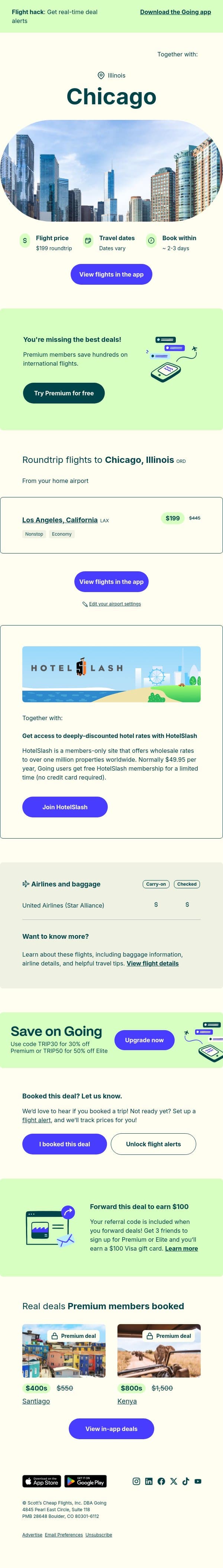 🌭 Chicago — $199 (Apr-Jun / Aug) email from Going screenshot