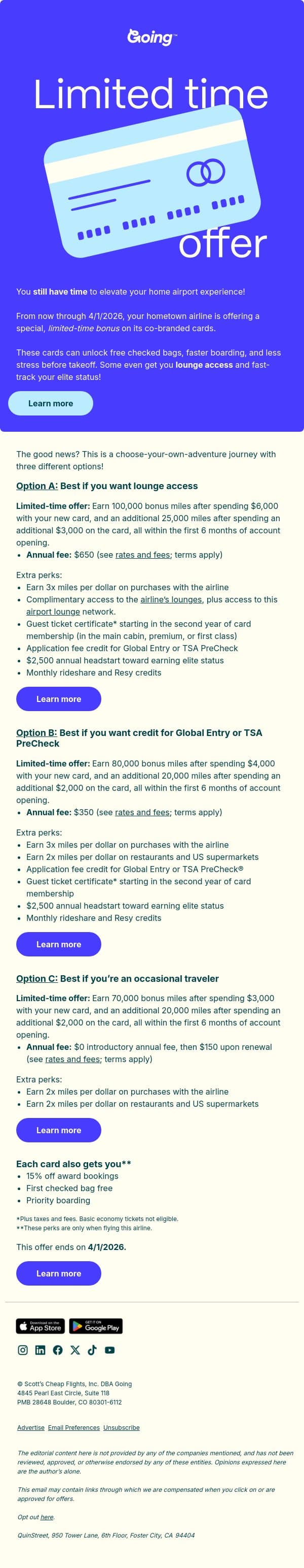 Closing soon: Your window for up to 125,000 airline miles email from Going screenshot