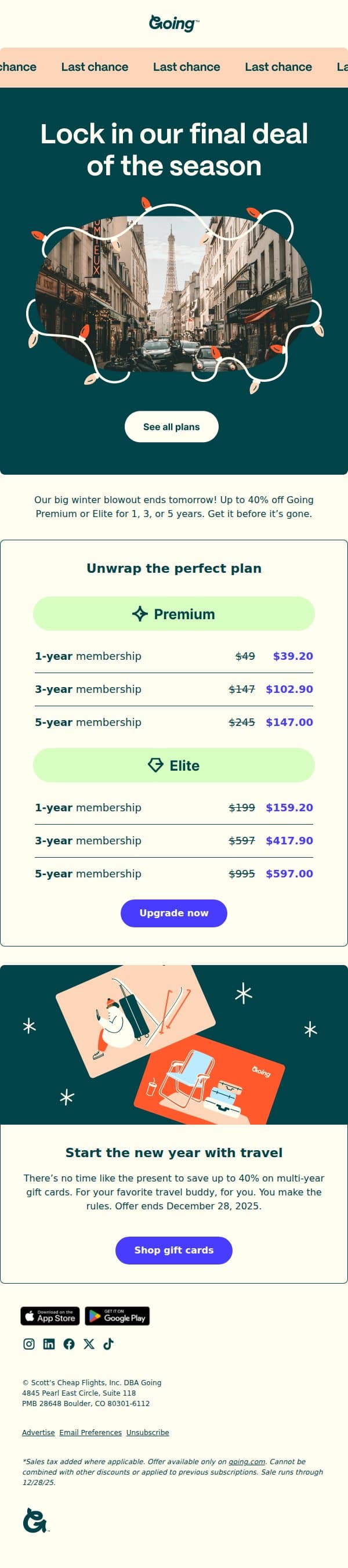 ⏳Going, Going, almost gone: Save up to 40% email from Going screenshot