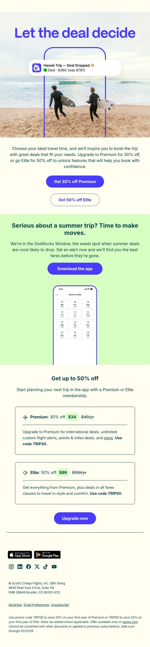 Let the deal decide. Get up to 50% off Going email from Going screenshot