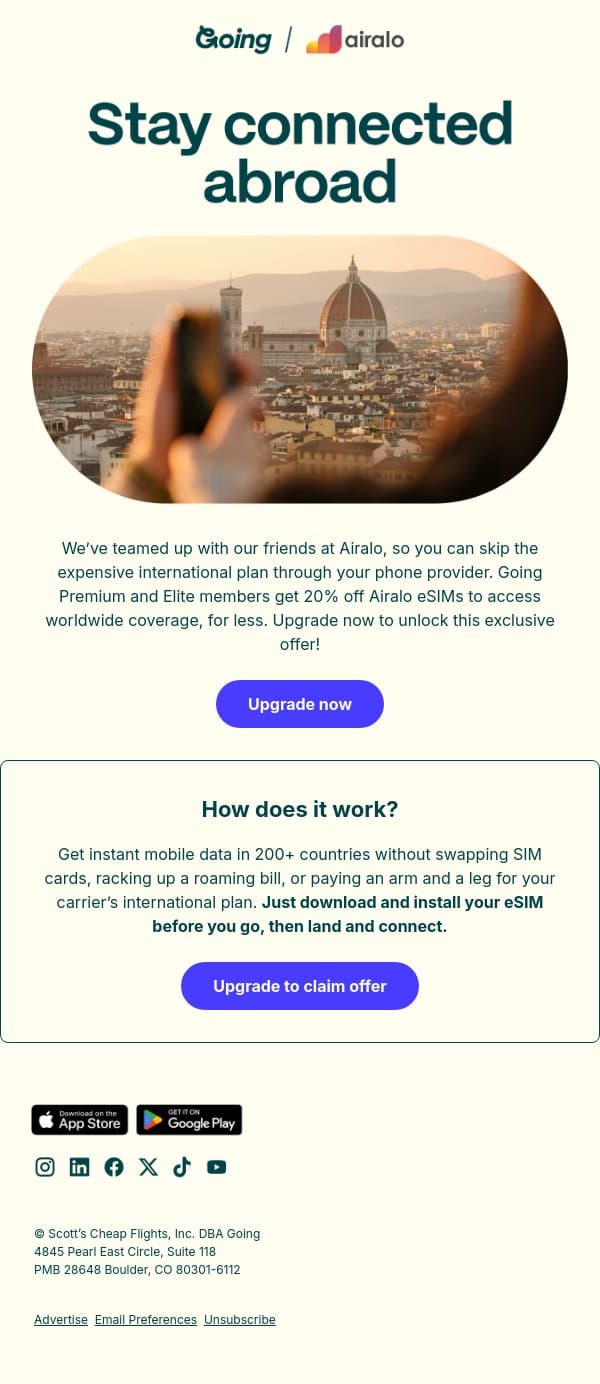 20% off eSIMs for your next trip 👀📱 email from Going screenshot