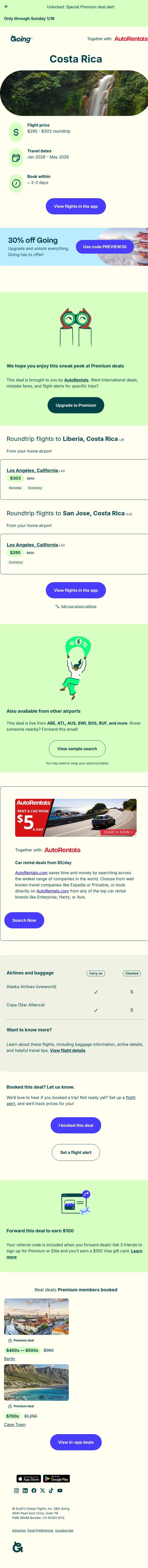 🤩 Costa Rica — $295 to $303 (Jan-May) email from Going screenshot