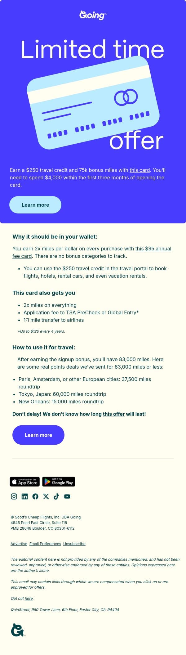 🚨 Best-ever bonus on a no-stress travel card email from Going screenshot