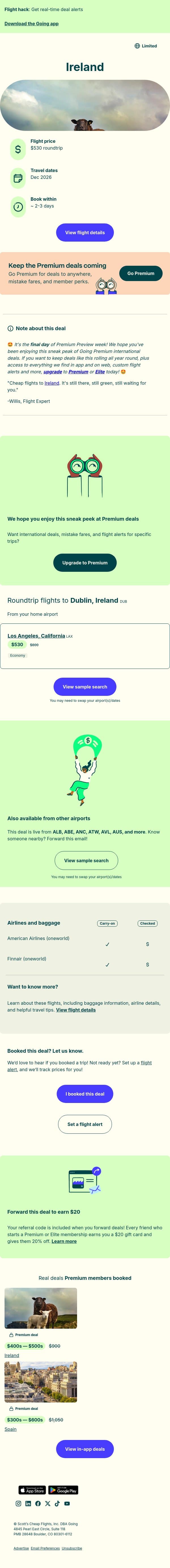 🤩🇮🇪 Ireland — $530 (Dec) email from Going screenshot