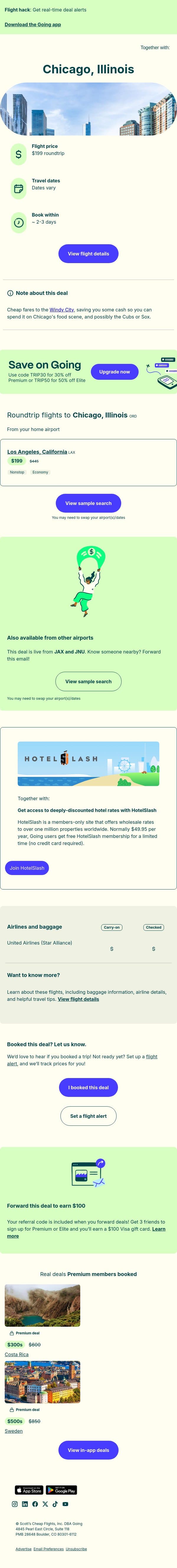 🌭 Chicago — $199 (May-Jun / Aug-Sep) email from Going screenshot