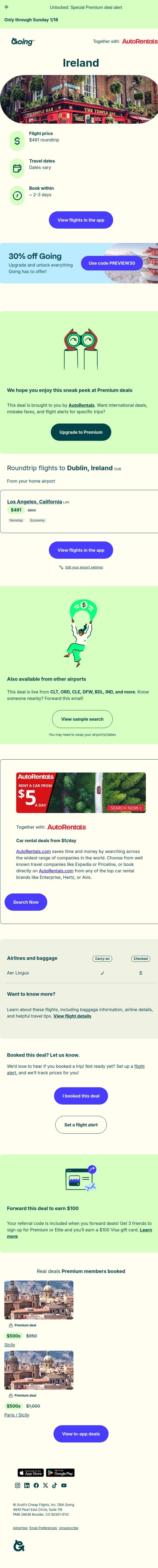 🤩⚡ *nonstop* Ireland — $491 (Jan-May / Aug / Oct-Nov) email from Going screenshot