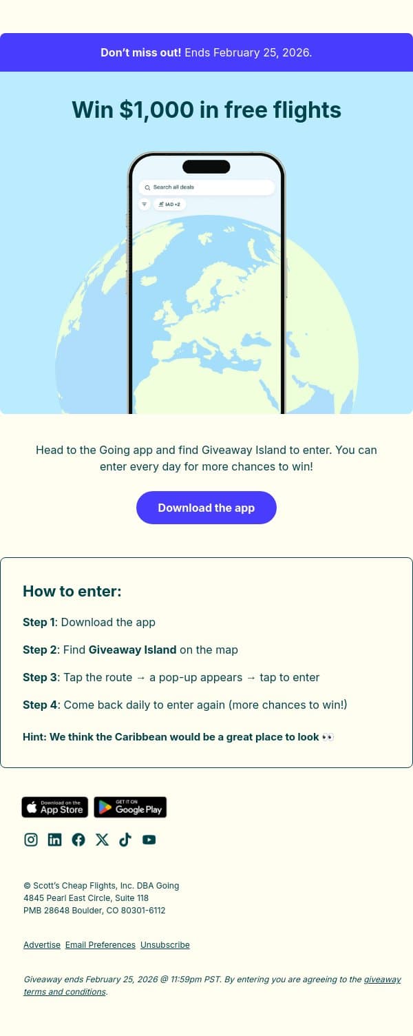 $1,000 in free flights could be yours email from Going screenshot