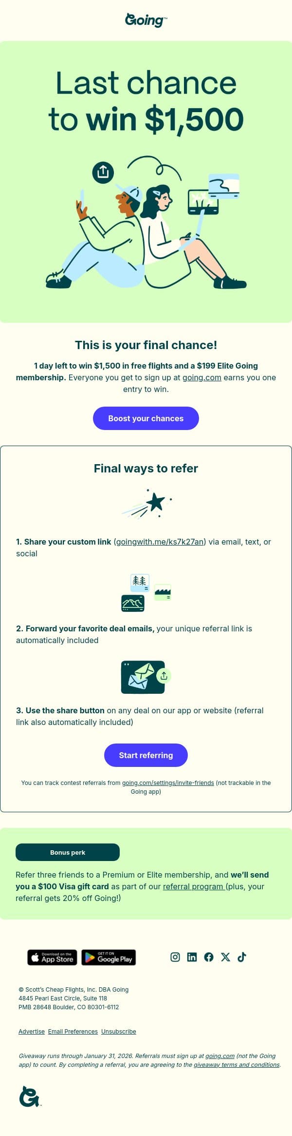 1 more day to win $1,500 in flights email from Going screenshot